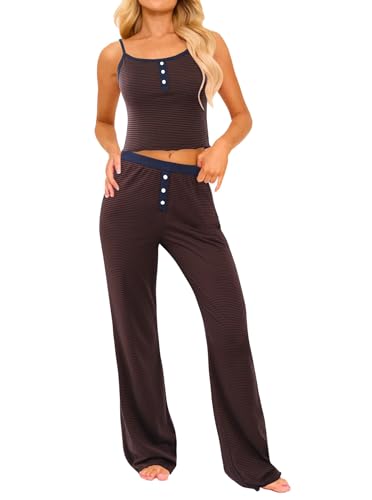 Remidoo Womens Striped Pajama Set Cami Top and Long Pants 2 Piece Pjs Sleepwear Brown Small