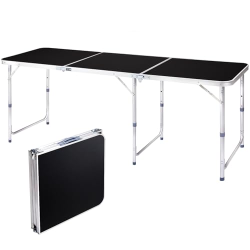 6.0 Ft Folding Portable Camping Table with Three Adjustable Heights, Tri-fold Outdoor Table, Outdoor Camping Kitchen, BBQ, Picnic, Cooking, Beach, Garden, Party, Black