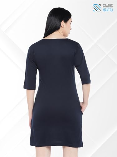 Image of STATUS MANTRA Women's Long T-Shirt Dress - Cotton Casual Knee Length Dress with 3 /4 Sleeves | Soft Bio-Washed Fabric, Crew Neck, Relaxed Fit | Comfy Summer Lounge Wear