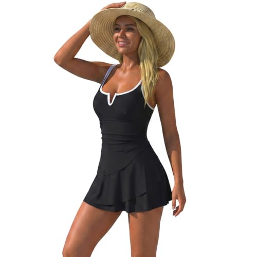 Maillot de bain une pièce femme avec jupe froncée à volants modeste