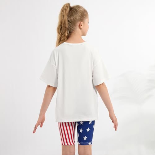 Image of Weixinbuy Girls 4th of July Outfit 2 Piece Short Sleeve Oversized T-Shirt and Biker Shorts Kids Fashion Summer Colothes Set