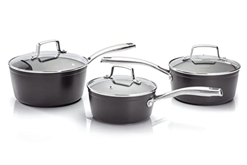 Stellar Rocktanium 3 Piece Set of Non-Stick Pans, Induction Ready, 16cm, 18cm & 20cm Saucepans with Glass Lids, Dishwasher Safe, Rock Hard QuanTanium Non-Stick