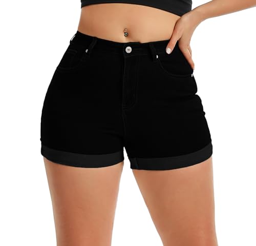 Pnadty Womens Summer Ripped Stretch Denim Shorts High Waisted Folded Hem Fashion Jean Shorts(Black XX-Large)
