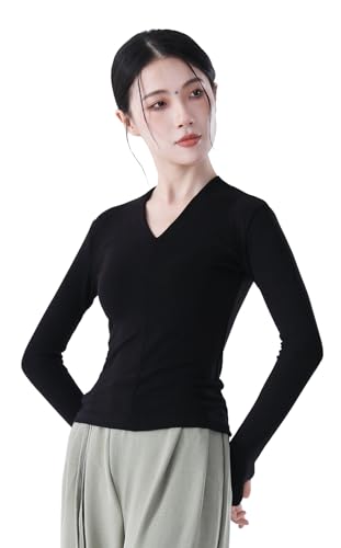 Angcoco Women's Elegant V Neck Long Sleeve with Thumb-Hole Tops for Dance Practice Black