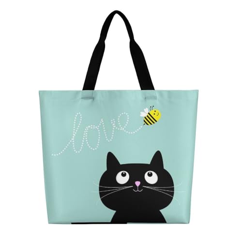 Cat Two Black Kitten Face Silhouette Tote Bag Beach Bag Reusable Shoulder Bag for Gym, Shopping, Travel