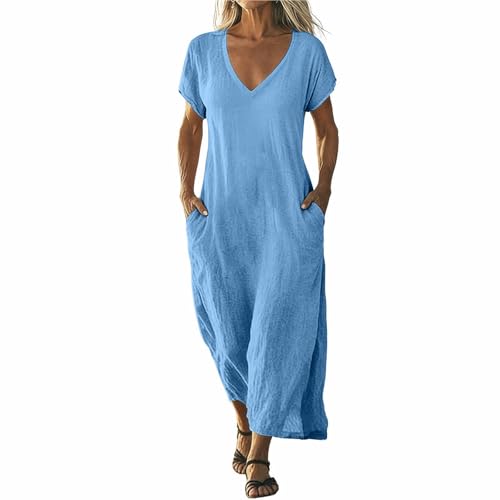 SCBFDI Robe en Lin pour Femme Robe de Plage Robes Femme Bohème Medievale Soirée Longue Annee 6 Col en V Manches Ceremonie Bleu Marine Turquoise M Turquoise M