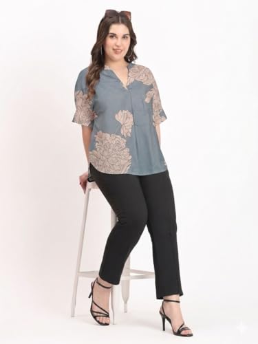 Image of SINDOORI Relaxed Fit Tops for Women Plus Size Solid Printed Mandarin Collar, Band Collar, V-Neck Top, Half Sleeve Loose Fit