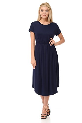 iconic luxe Women's Solid Short Sleeve Flare Midi Dress with Pockets X-Large Navy - Thumbnail 3