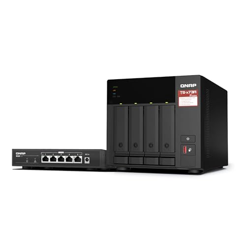 Image of QNAP TS-473A 4-Bay AMD Ryzen Quad-Core 2.5GbE NAS with QSW-1105-5T 5-Port 2.5GbE Unmanaged Switch (Black, Floor Mount, Metal, Desktop, Compatible)