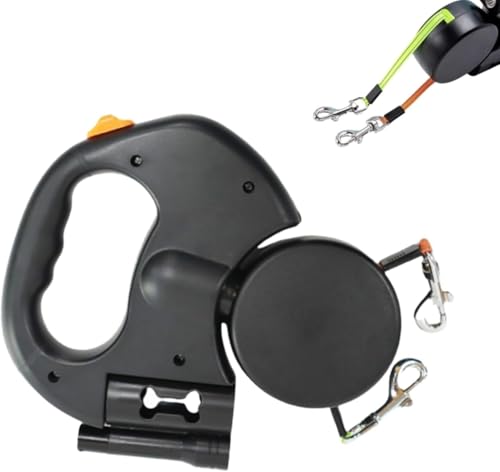 Dual Double Retractable Dog Lead and Leash for 2 Small Dogs - 10m Extendable 360° Tangle-Free with LED Light, One Button Control Break & Lock, Reflective Nylon Heavy Duty for Tangle Control (Black)