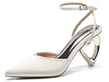 Coutgo Womens Kitten Heels Closed Pointed Toe Heart Heel Ankle Strap Satin Pumps Wedding Prom Dress Shoes, White, Size 7
