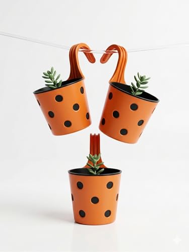 Image of Premium Hook Planter with Inner Pot | Polka Dot Hanging Planter for Balcony & Railings | Sturdy Plastic | Built-in Drainage | Vibrant Colours | Indoor & Outdoor Gardening (3, Orange)