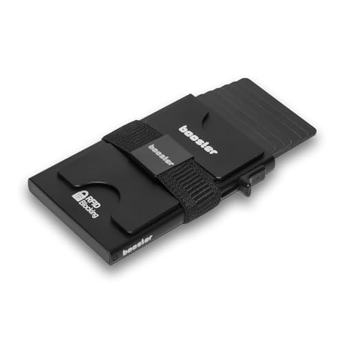 Image of Thin Aluminum Booster Wallet for Men, Durable Stretch Back Plate, Minimalist Metal Pop Up Wallet with RFID Lock, Holds 12+ Cards Plus Cash 1, One Size, Modern (Jet Black)
