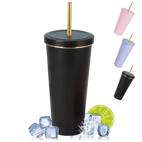flintronic Simple Modern Vaso Térmico, 750ml Termo de Acero Inoxidable, Termo Café de con Aislamiento al Vacío de Doble Pared con Pajita y Cepillars, Sin BPA, para Café, Té y Bebidas Frías(Negro)