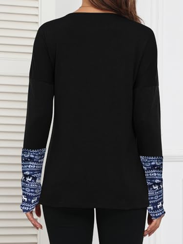 POGTMM Long Sleeve Shirt for Women Christmas Elk Pattern Tshirt Tops Ladies (L, Black & Blue Elk)