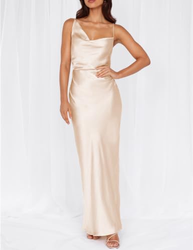 Image of Formal Satin Silk Spaghetti Strap Maxi Dresses for Women Wedding Guest