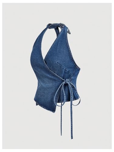 SHENHE Women's Halter Neck Denim Wrap Top Side Tie Backless Vintage Jean Top Shirt3