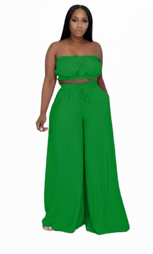 Image of Two Piece Sets for Women Summer Outfits Crop Tops and Wide Leg Pants Sets Sexy Jumpsuits Vacation Outfits with Pockets