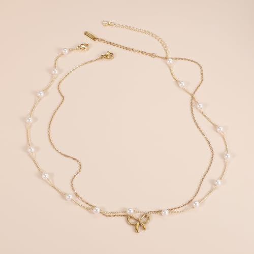 Qitian 18K Gold Plated Satellite Pearl & Bow Pendant Necklace for Women, Adjustable Layered Choker Chain Jewelry, Mini Gold Pearl Necklace Gift4
