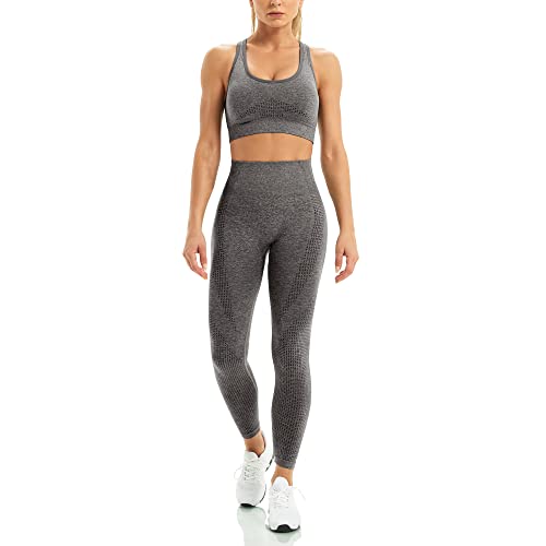 WodoWei Women 2 Piece Workout Outfits Sports Bra Seamless Leggings Yoga Gym Activewear Set (YO601-Dark grey marl-M)