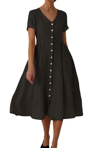 Image of chouyatou Women's Summer Fit and Flare Swing Cotton Dress Casual V-Neck Button Down Beach Midi Dress