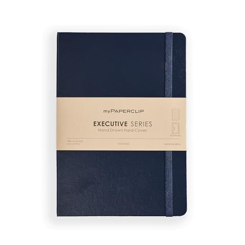 Image of myPAPERCLIP Executive Series A5 Ruled Notebook | 192 Pages, 80 GSM, Hard Cover, A5 (5 .83 x 8.27 in) | Flat Lay | Bookmark, Elastic Closure & Back Pocket | Blue