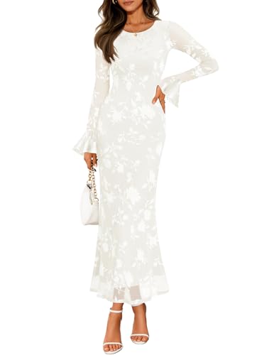 ZESICA Women's 2025 Bell Long Sleeve Floral Maxi Dress Fall Fashion Bodycon Mesh Wedding Guest Cocktail Party Dresses White Small