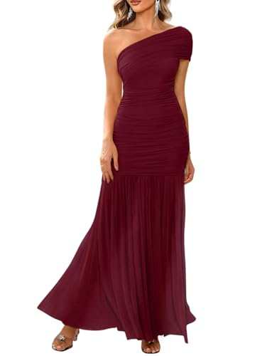 LAGSHIAN Women's Elegant Formal Long Dress One Shoulder Sleeveless Ruched Bodycon Evening Dress WineRed