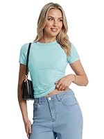 Cuptacc T-Shirt Damen Round Neck Kurzarm Tight Fit Oberteile Himmelblau S – Ansicht 4