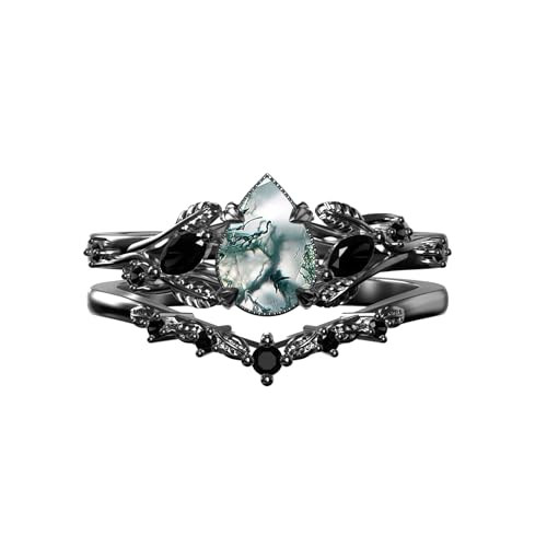 Moss Agate Engagement Black Ring Set for Women Gold 925 Sterling Silver Stacking Bridal Set for Her with Engraving Promise Wedding Ring Set Size 4-15 for Wife Men Husband