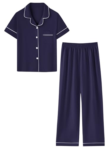 Umeyda Boys 100% Cotton Pajamas Short Sleeve and Long Pants 2-Piece PJ Set Kid Sleepwear Ages 4-12