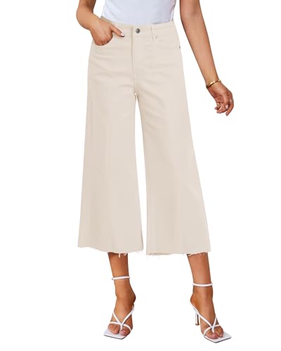 GRAPENT Jean Capris for Women Wide Leg Jeans High Waisted Seamed Front Raw Hem Denim Capri Pants Stretchy