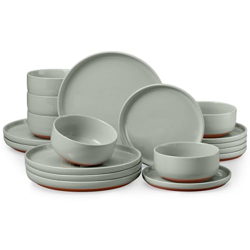 E-far 18-Piece Stoneware Dinnerware Sets, Plates and Bowls Sets for 6, Ceramic Dishware Dishes Set with Terracotta Base, Chip & Scratch Resistant, Microwave & Dishwasher Safe, Speckled Green