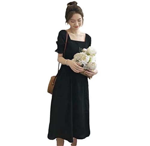 Robe d'été noire col carré chic S style rétro décontracté pour femme