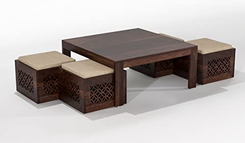 Image of Sheeshsam Wooden Coffee Table with 4 Stools for Living Room - Solid Wood Coffee Table with Cushion Seating Stools Tea Table Teapoy Center Piece for Home Sofa Center Table (Kaine Walnut)