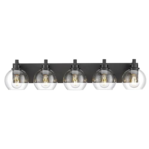 Image of Bathroom Light Fixtures, 5 Light Matte Black Vanity Light, 32 Inch Modern Wall Sconces with Globe Clear Glass Shade, Vanity Lighting Fixtures Over Mirror, VL195-MB-CL-5