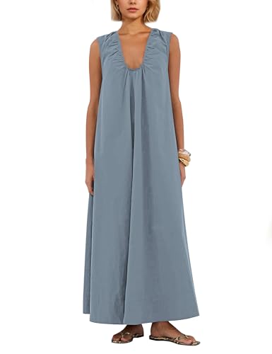 Image of Women Sleeveless Ruched Maxi Dress Scoop Neck Long Elegant Dresses Wide Shoulder Strap Blouse Dress with Side Pockets