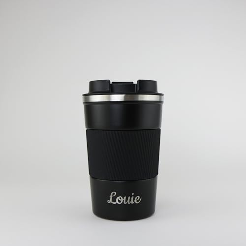 cribstar Personalised Engraved Insulated Travel Mug | Stainless Steel Tumbler | Double-Walled Tea/Coffee Cup | Leak-Proof & Reusable | Keeps Drinks Hot 12h / Cold 24h | Thermal Mug (Black 380ml)