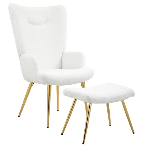 HOMCOM Ohrensessel mit Hocker, Sessel mit Sherpa-Bezug, Hohe Rückenlehne, Loungesessel mit Armlehne, Stahlbeine für Wohnzimmer, Schlafzimmer, Weiß HOMCOM Ohrensessel mit Hocker, Sessel mit Sherpa-Bezug, Hohe Rückenlehne, Loungesessel mit Armlehne, Stahlbeine für Wohnzimmer, Schlafzimmer, Weiß