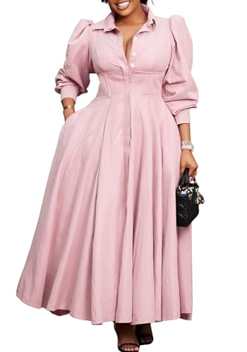 LAJIOJIO Women's Shirt Maxi Dresses Casual,V Neck Button Down Long Sleeve Swing Pleated Dress with Pockets