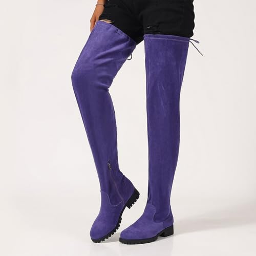 Women's Over The Knee Thigh High Chunky Low Flat Heel Boots Long Stretch Zipper Sexy Fall Fashion Boots Black Red Purple US5-114