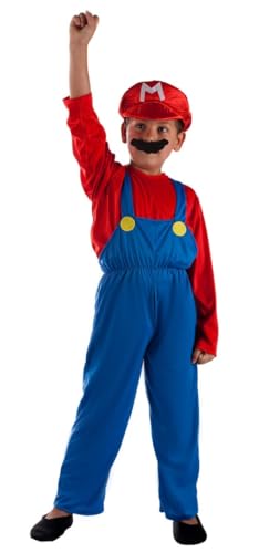 Policcinella Disfraz de Fontanero de Videojuego, Infantil, Niño, Talla 8-10 Años