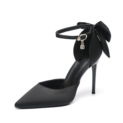 Women's Black Bow Stiletto High Heels Sexy Closed Pointed Toe Ankle Strap Pumps Party Evening Dress Shoes