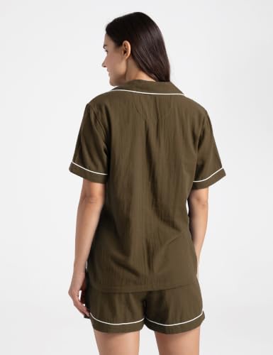 Image of Womens Muslin Pajama Set 100% Cotton Double Gauze Linen Like Breathable Soft Button Up Loungewear Sleepwear PJ Set