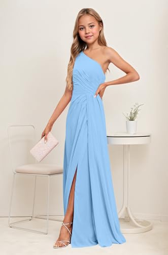 Junior Bridesmaid Dresses One Shoulder Chiffon Flower Girl Dresses for Wedding Long Party Pageant Gowns Blue Size 92
