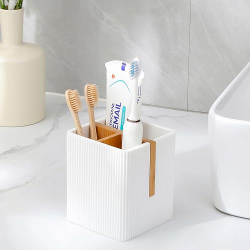 rejomiik Toothbrush Holders for Bathrooms Countertop, 3 Slots Electric Tooth Brushing and Toothpaste Storage Organizer Stand for Toiletries and Beauty Accessories, White