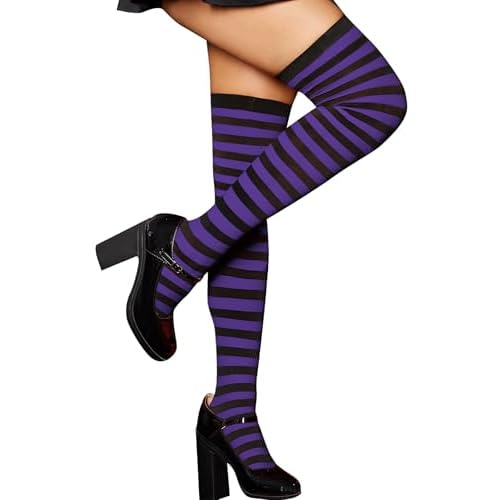 RSLOVE Women's Striped Thigh High Stockings – Sexy Over The Knee Socks for Halloween, Cosplay, Holiday Costumes One Size Purple