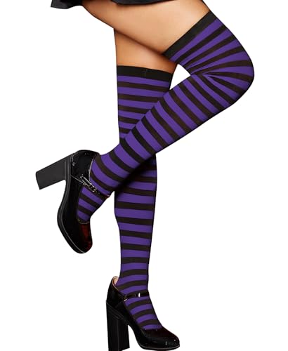 RSLOVE Womens Striped Thigh High Stockings Sexy Over The Knee Socks for Halloween Cosplay Holiday Costumes (Black & Purple)