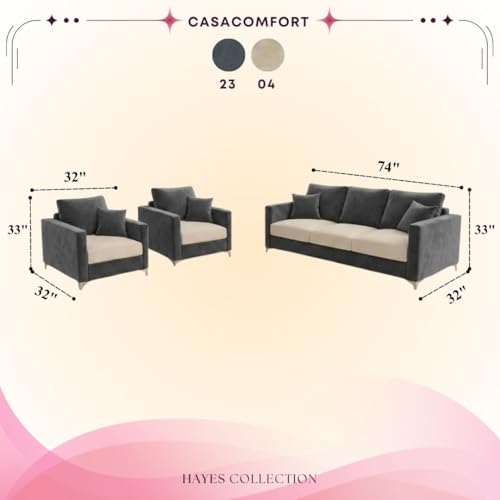 Image of Hayes Dual Tone Rich Velvet Suede 3+1+1 Seater Sofa Set | Golden Aesthetic Legs | Soft Touch Comfort Seating | 5 Person Seating | Modern Living Room Set (Dark Gray & Cream)