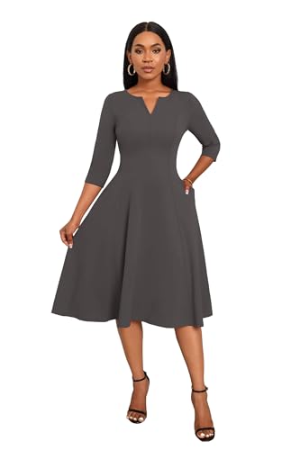 Image of Nmoder Midi Dresses for Women A-Line Fit and Flare Dress 3 /4 Sleeve V Neck Cocktail Wedding Guest Work Dress with Pockets